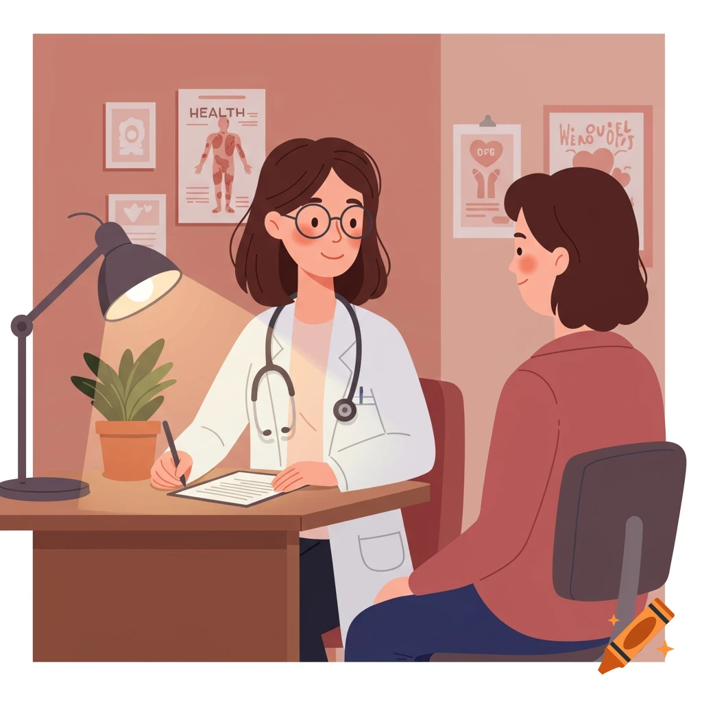 Cartoon illustration of a female doctor in glasses writing at a desk, looking at a patient sitting across from her in an examination room.