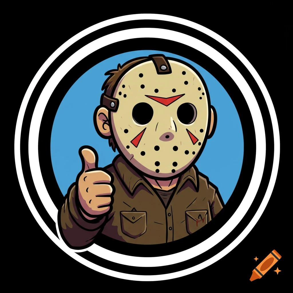 Cartoony Jason Voorhees giving a thumbs up, depicted as an icon in a black and white circle on a black background.