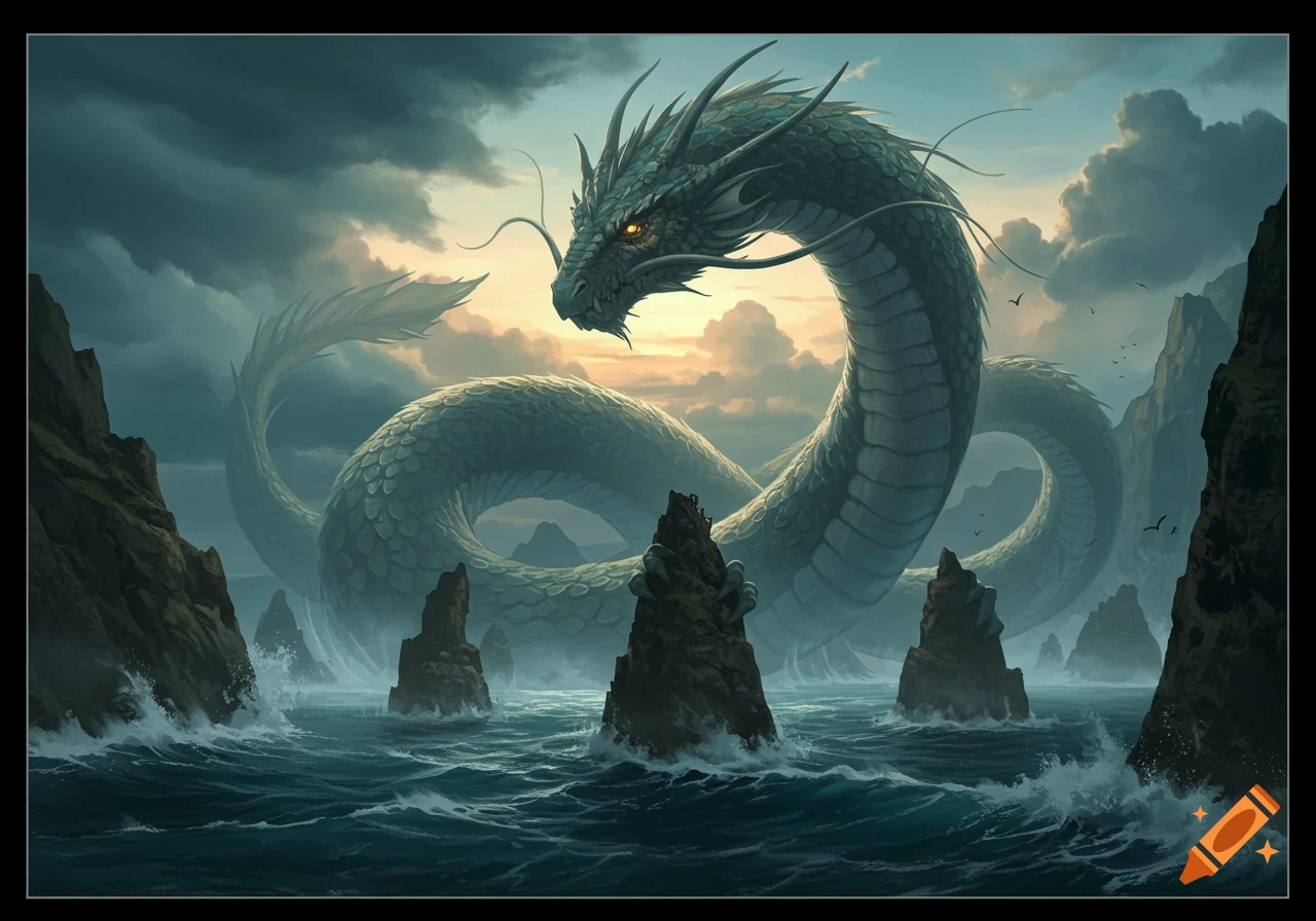 A colossal teal leviathan dragon with glowing orange eyes emerges from stormy seas surrounded by jagged rock formations under a dramatic sky.