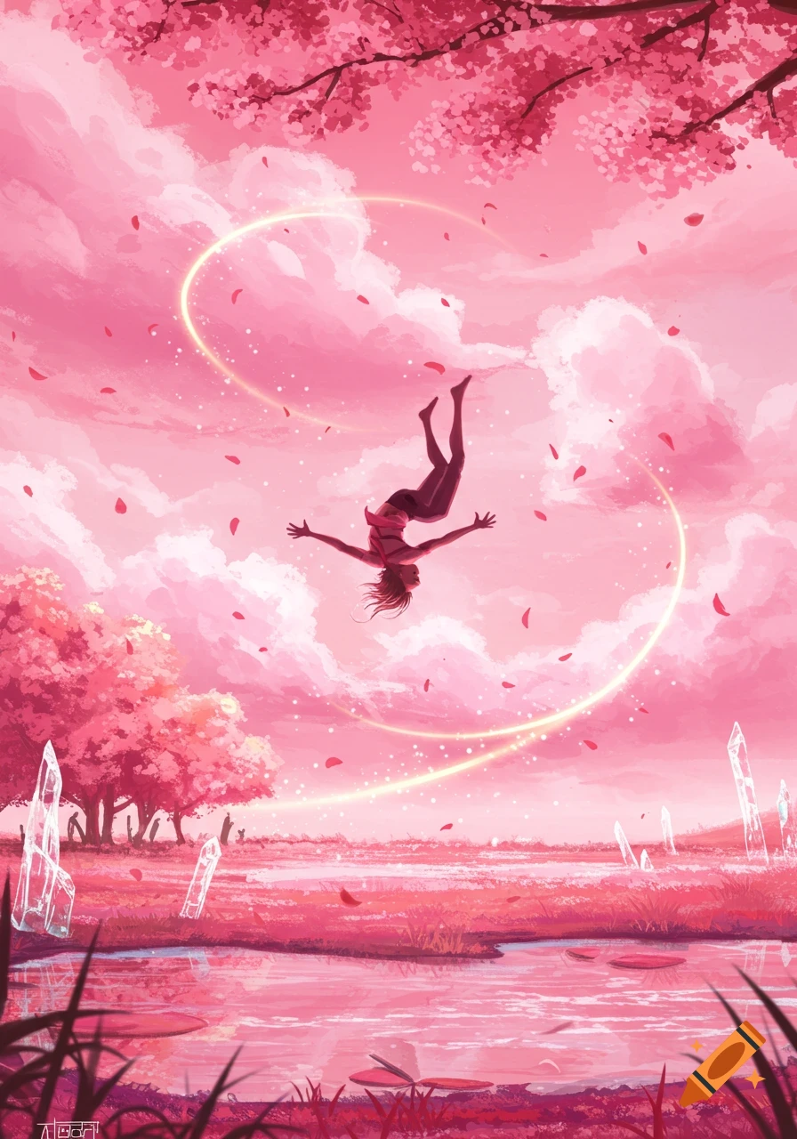 Stylized illustration of a person falling through a vibrant pink sky filled with cherry blossoms and glowing rings, above a dreamy pink landscape.