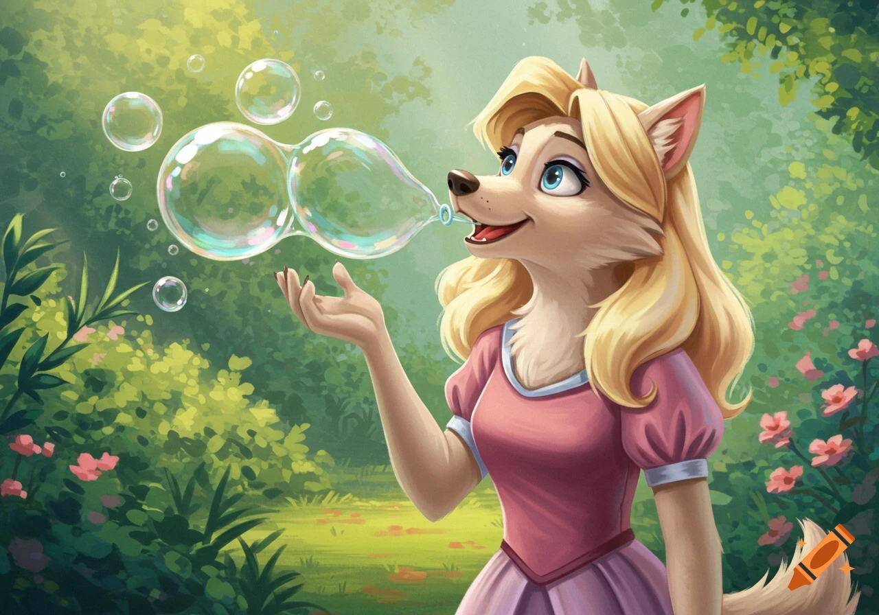 A cartoon anthropomorphic wolf woman with blonde hair in a pink dress blows large, iridescent bubbles in a lush green forest.
