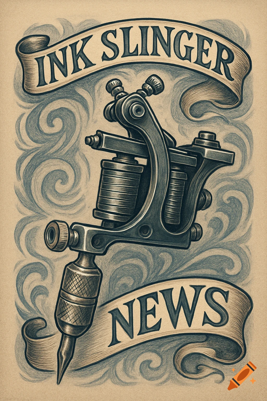 Vintage-style illustration of a tattoo machine with Ink Slinger and News banners.