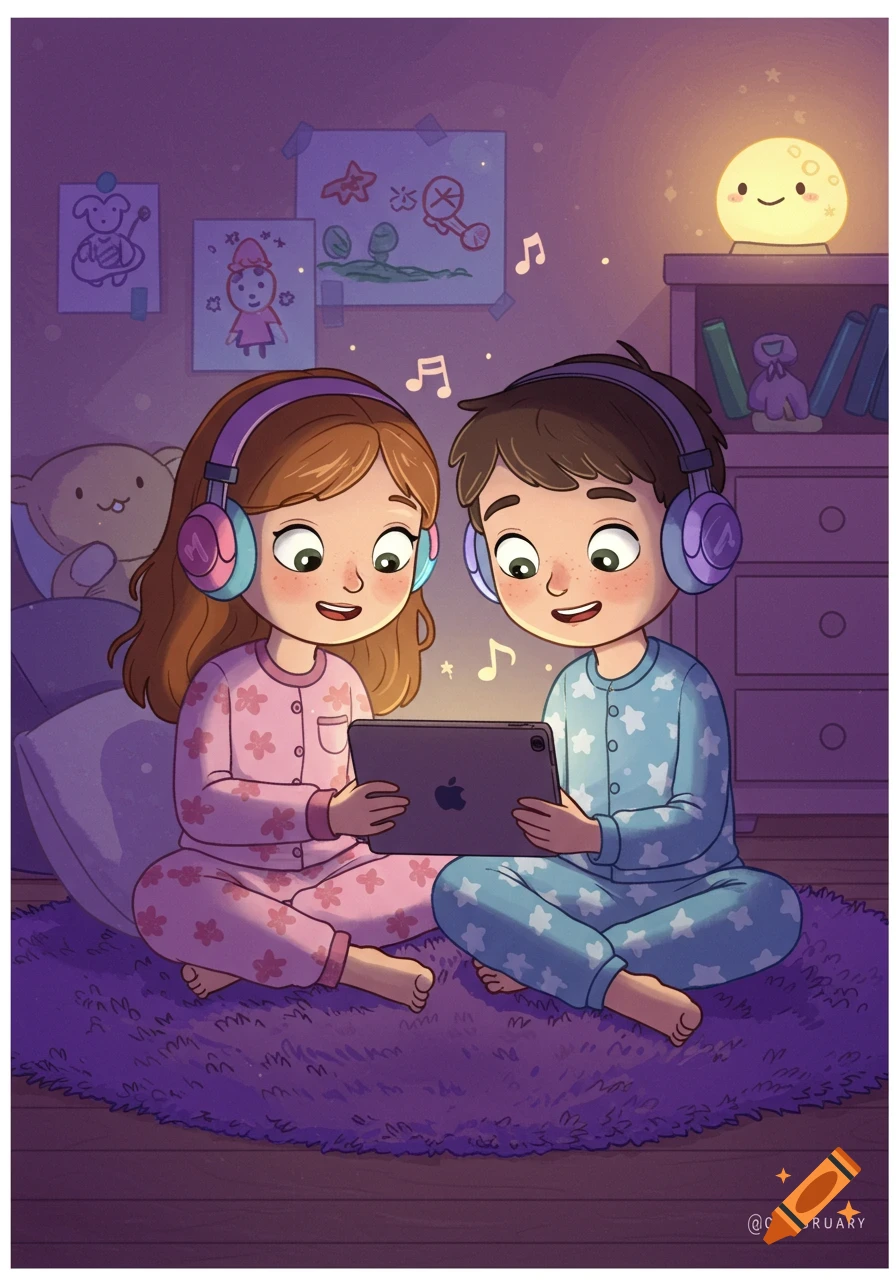 Two cartoon children wearing headphones and pajamas, sharing a tablet in a softly lit, cozy bedroom.