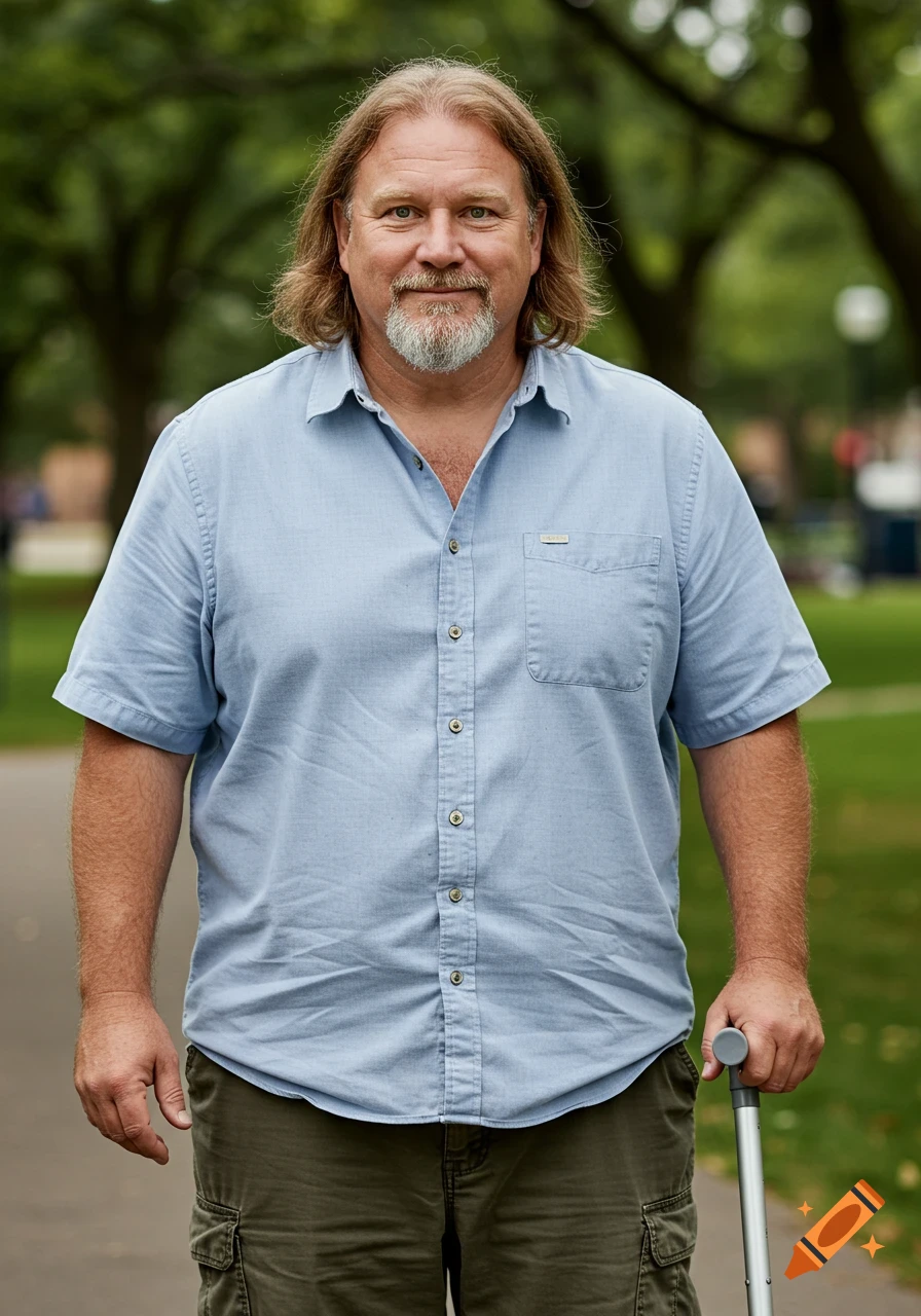 A smiling man with long light brown hair and a goatee stands in a park, wearing a light blue short-sleeve shirt and cargo pants, holding a cane.