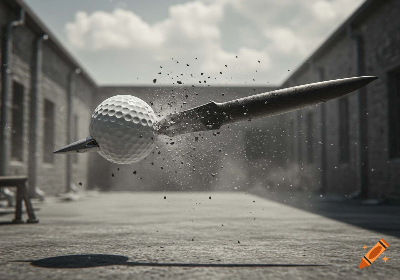 A golf ball is pierced by a metal shiv, shattering into fragments in a dusty alleyway.