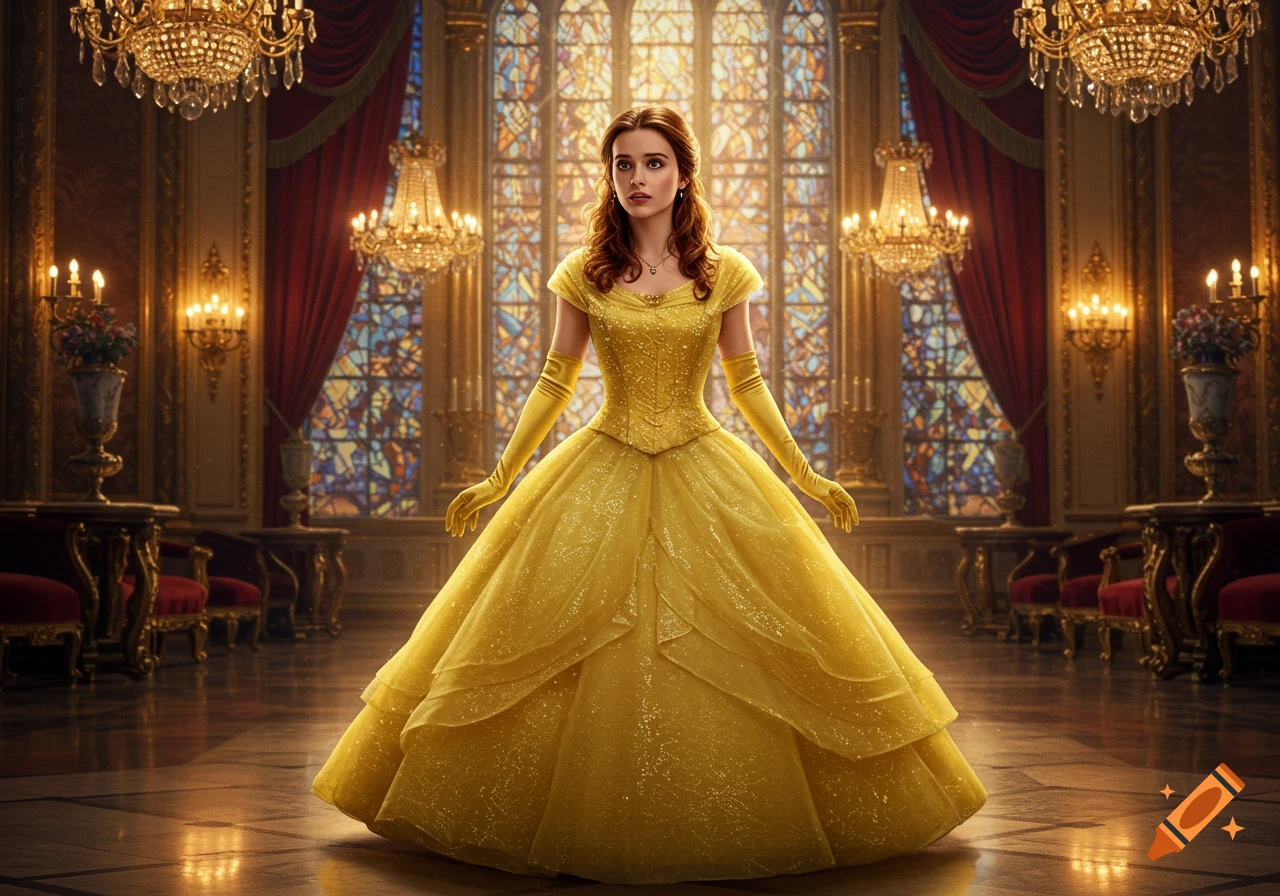 Photorealistic image of Belle in her iconic yellow ballgown standing in a grand ballroom with ornate chandeliers and stained glass windows.