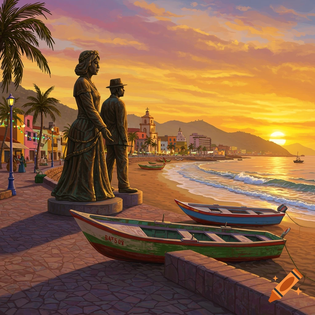 Two bronze statues overlook a vibrant coastal town beach with boats at sunset, in a stylized illustration.