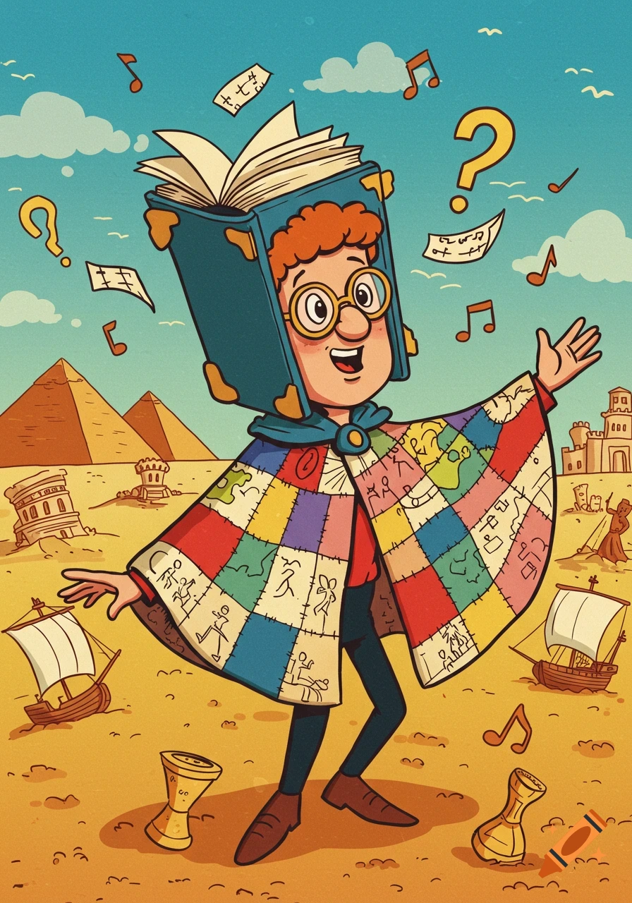 A cheerful cartoon character with a book as a hat and a patchwork cape with symbols stands in a desert with pyramids, ancient ruins, and boats, surrounded by music notes, question marks, and flying papers.