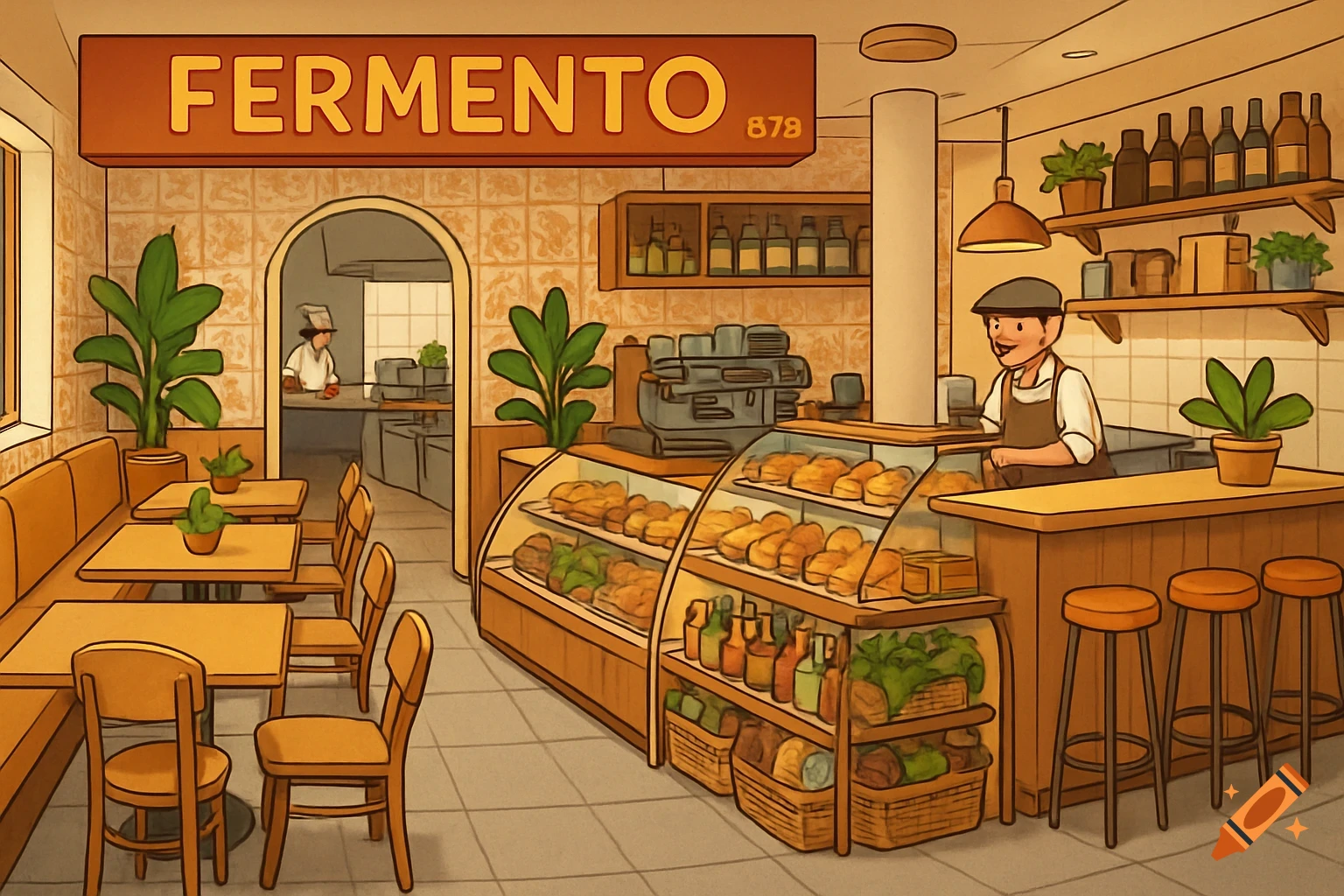 A colorful cartoon illustration of the interior of a bustling Italian cafe with a prominent 'FERMENTO' sign, a bakery display, and a bar area.