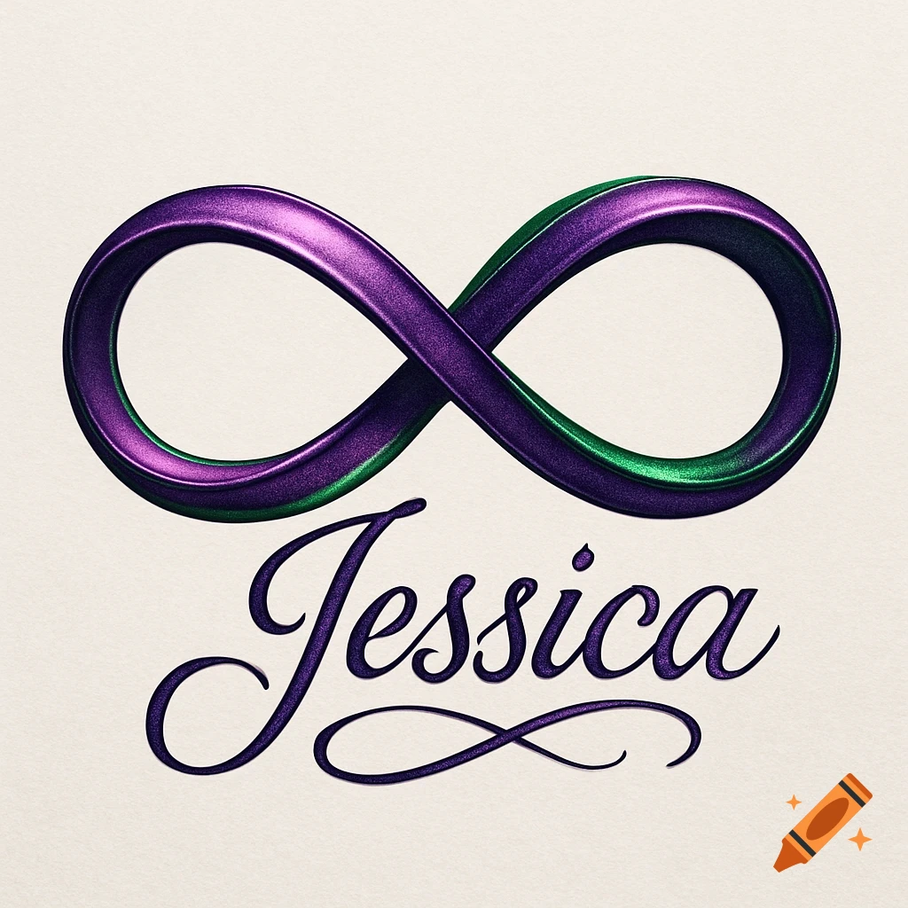 A shiny purple and green infinity symbol floats above the name 'Jessica' in purple script on a light beige background.