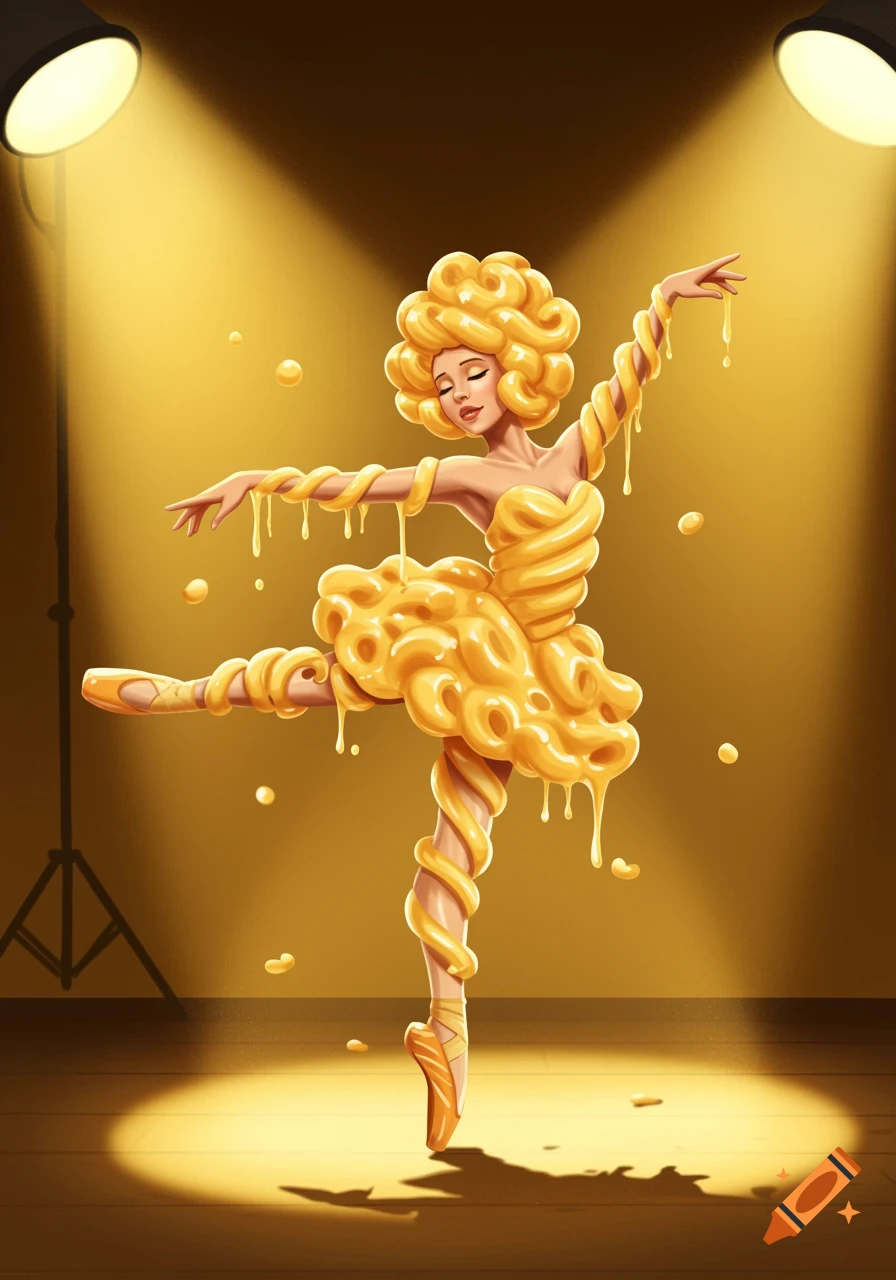 A whimsical illustration of a ballerina with macaroni and cheese for her hair and outfit, dancing on a spotlight-lit stage.