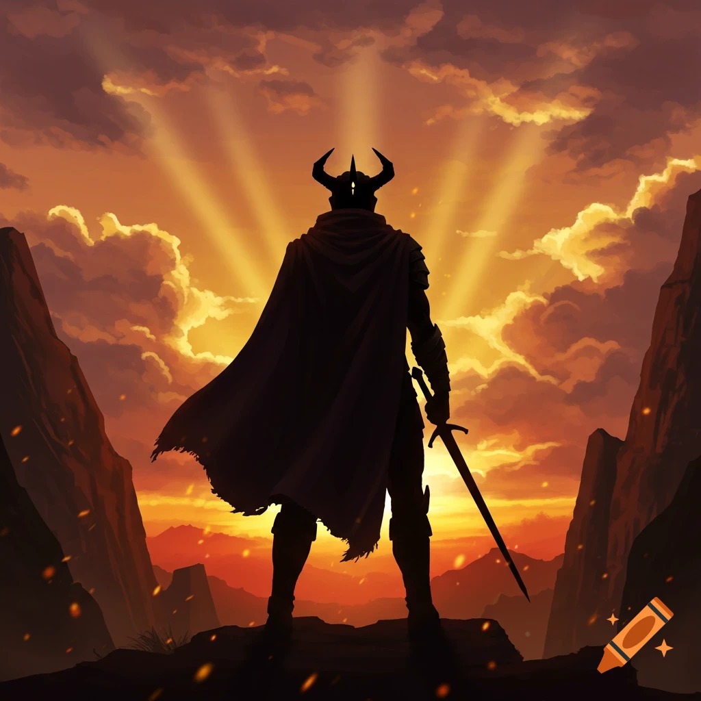 Silhouette of a warrior in horned armor holding a sword, standing on a cliff edge against a dramatic orange sunset with sun rays.