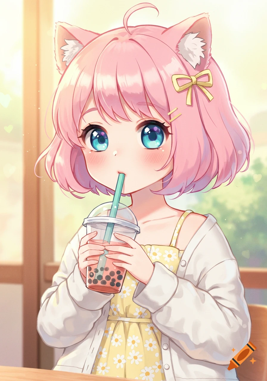 An adorable anime girl with pink hair and cat ears sips bubble tea in a bright, pastel-colored scene.