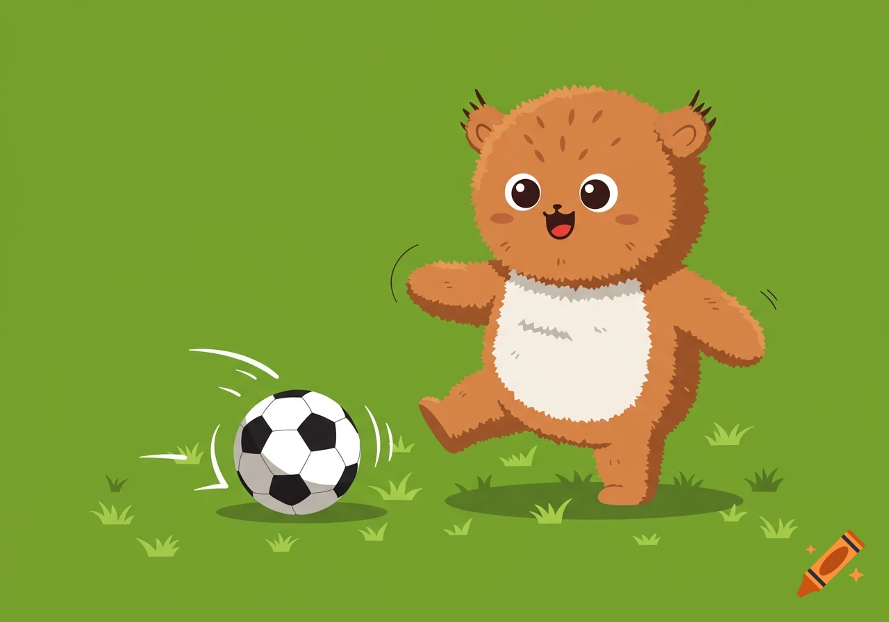 A cute, fuzzy brown cartoon creature with a white belly joyfully kicks a black and white soccer ball on a green grassy field.