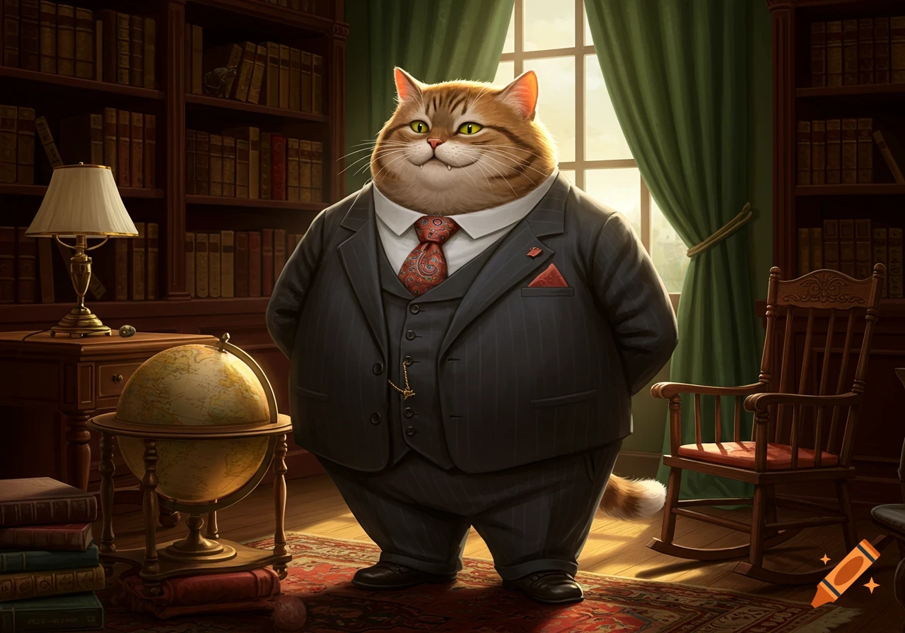 A portly, anthropomorphic ginger tabby cat wearing a pinstripe suit stands in a sunlit library beside a globe.