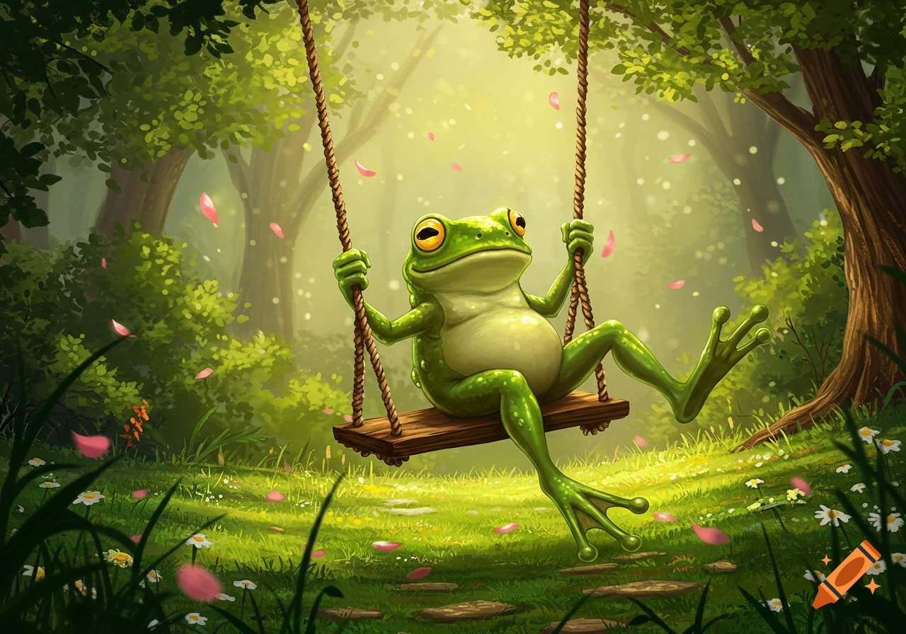 A cheerful green frog sits on a wooden swing, suspended from ropes, in a lush, sunlit forest with pink petals falling.