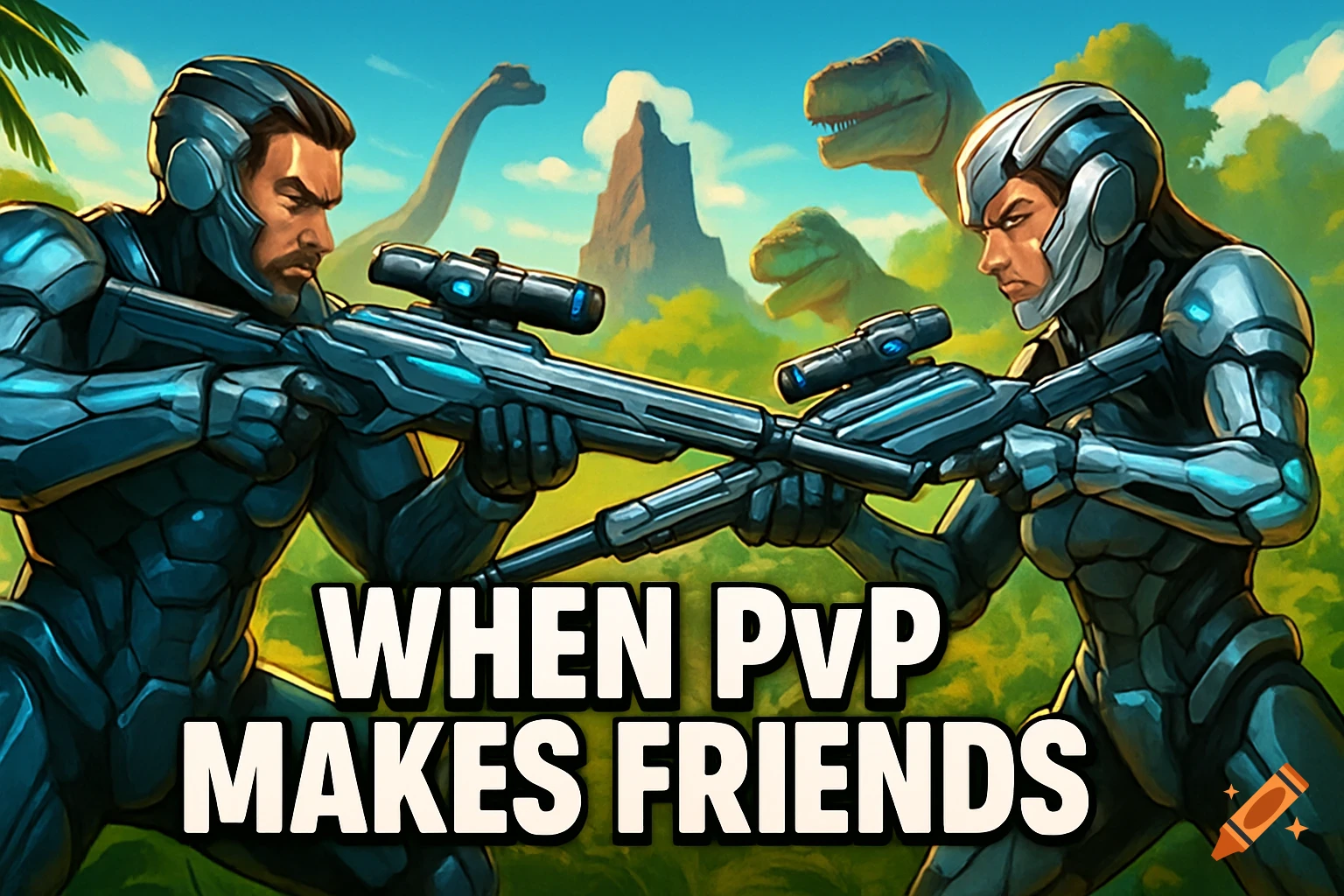 Two futuristic soldiers in exo suits with rifles facing each other, with dinosaurs and mountains in the background. Text 'WHEN PvP MAKES FRIENDS' below. Digital art style.