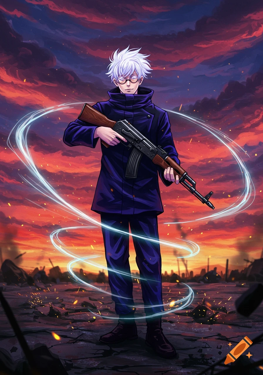 An anime character, Gojo Satoru, holding an AK47 rifle, stands amidst ruins under a dramatic red and purple sky.