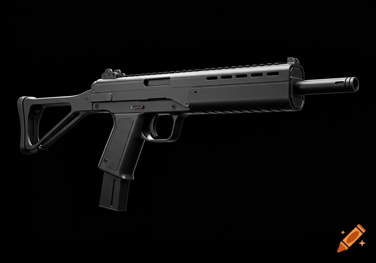 Photorealistic image of a jet black submachine gun against a black background.