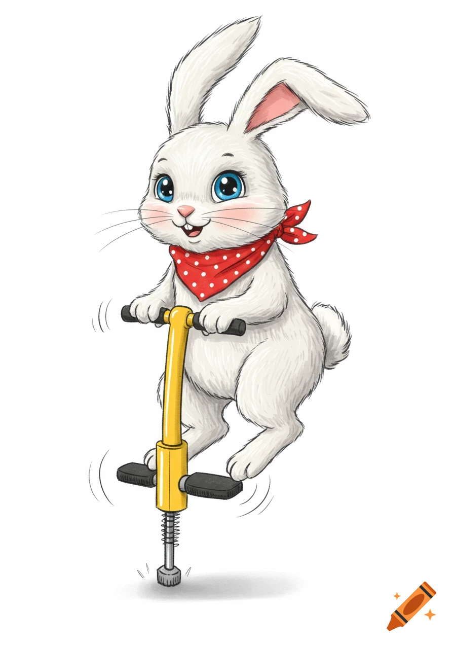 A white cartoon bunny with blue eyes and a red polka-dot bandana happily jumps on a yellow pogo stick.