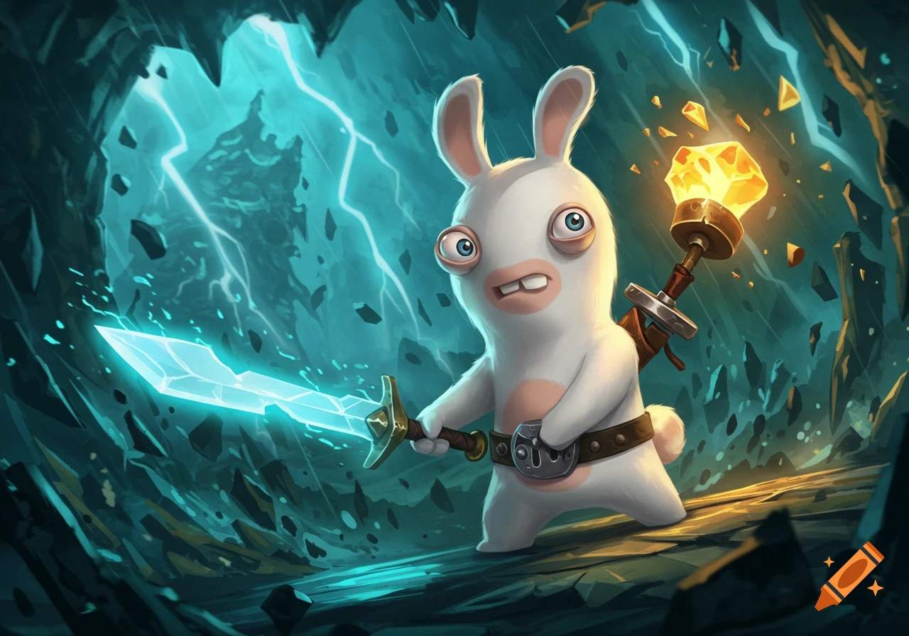 A cartoon Rabbid character wields a glowing blue sword and carries a glowing crystal torch in a dark, stormy cave.