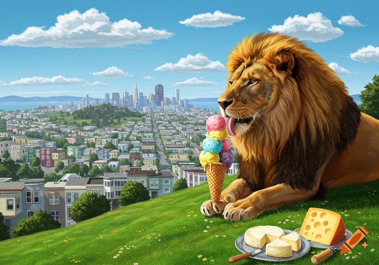 An illustrated lion licks a colorful ice cream cone on a grassy hill overlooking the San Francisco city skyline, with cheese and a knife nearby.