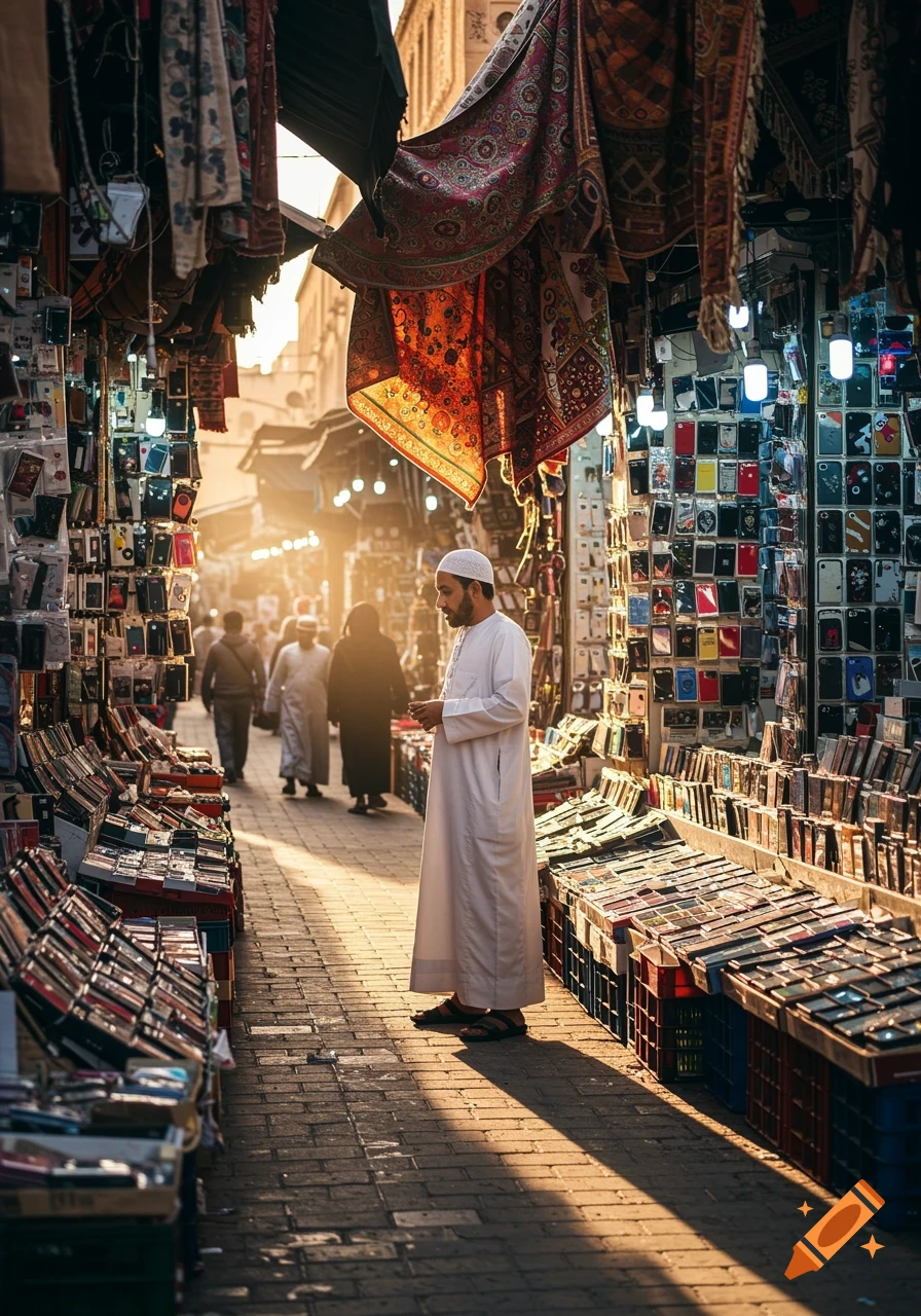 A man in a white thobe and kufi cap stands in a busy, sunlit market alley filled with stalls selling goods and phone cases.