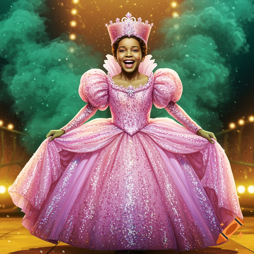 A smiling child in a dazzling pink, sequined Glinda costume with a crown stands on a stage with green smoke.