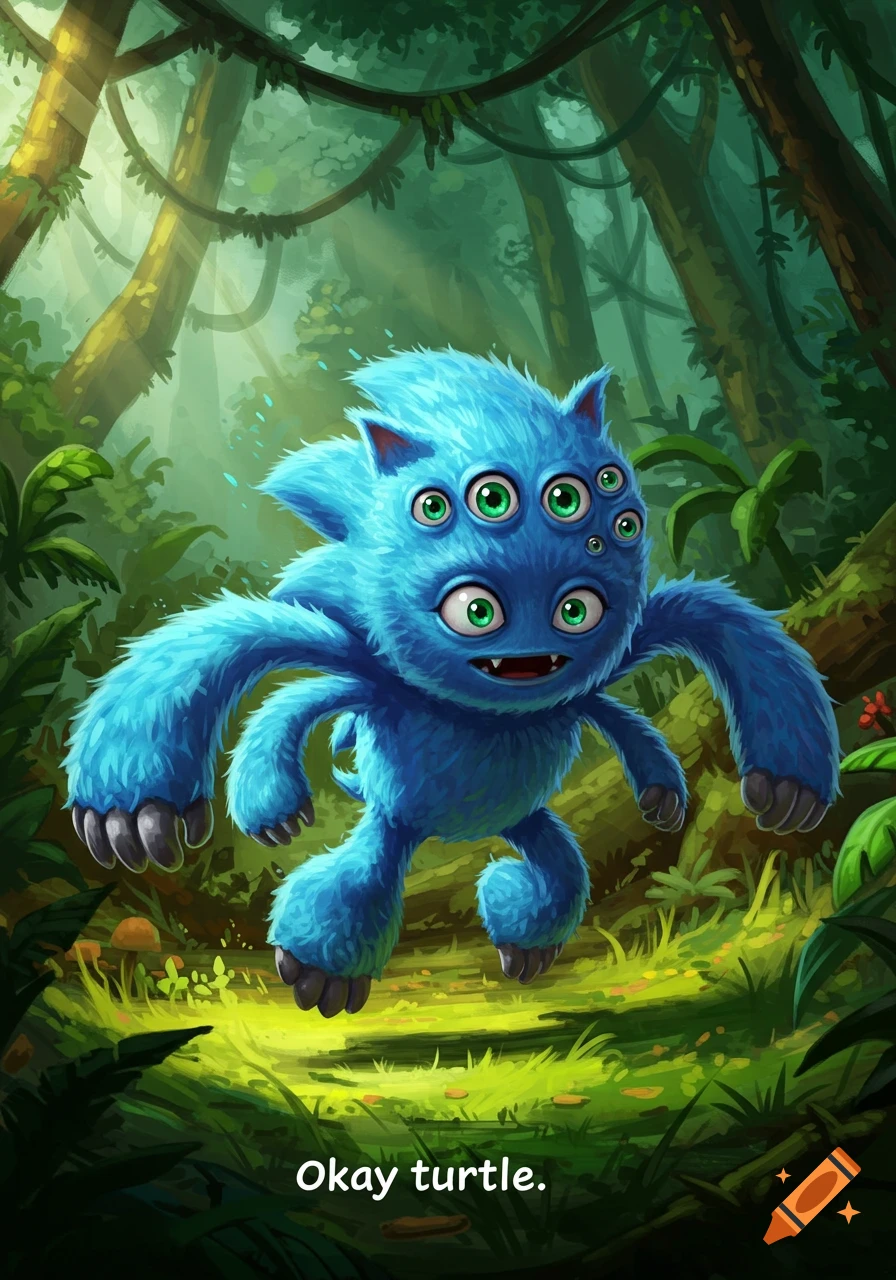 A blue, furry, multi-eyed monster with four arms and two legs runs through a vibrant green jungle forest. Text at the bottom reads 'Okay turtle.'