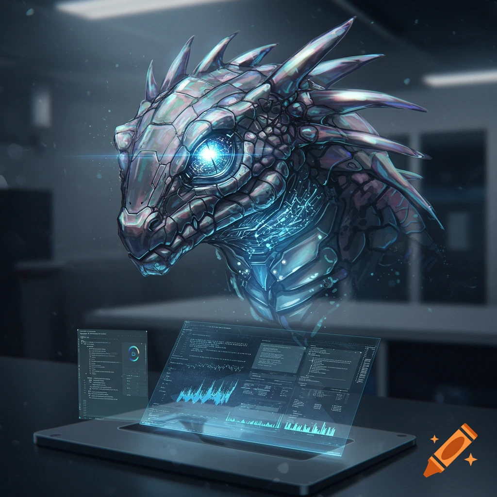 A futuristic, metallic dragon head with glowing blue eyes hovers over a laptop displaying holographic data and charts.
