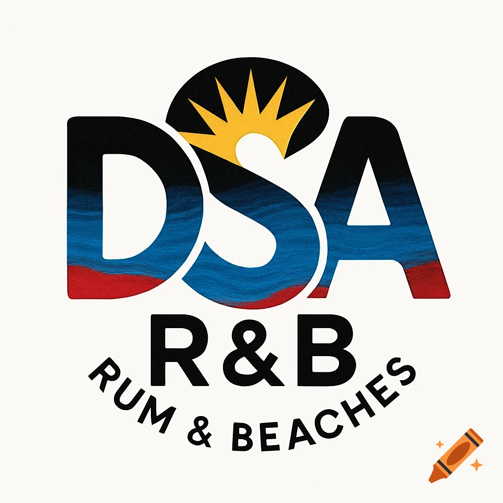 Logo with 'DSA' filled with black, blue, red and yellow sun, and 'R&B Rum & Beaches' text.