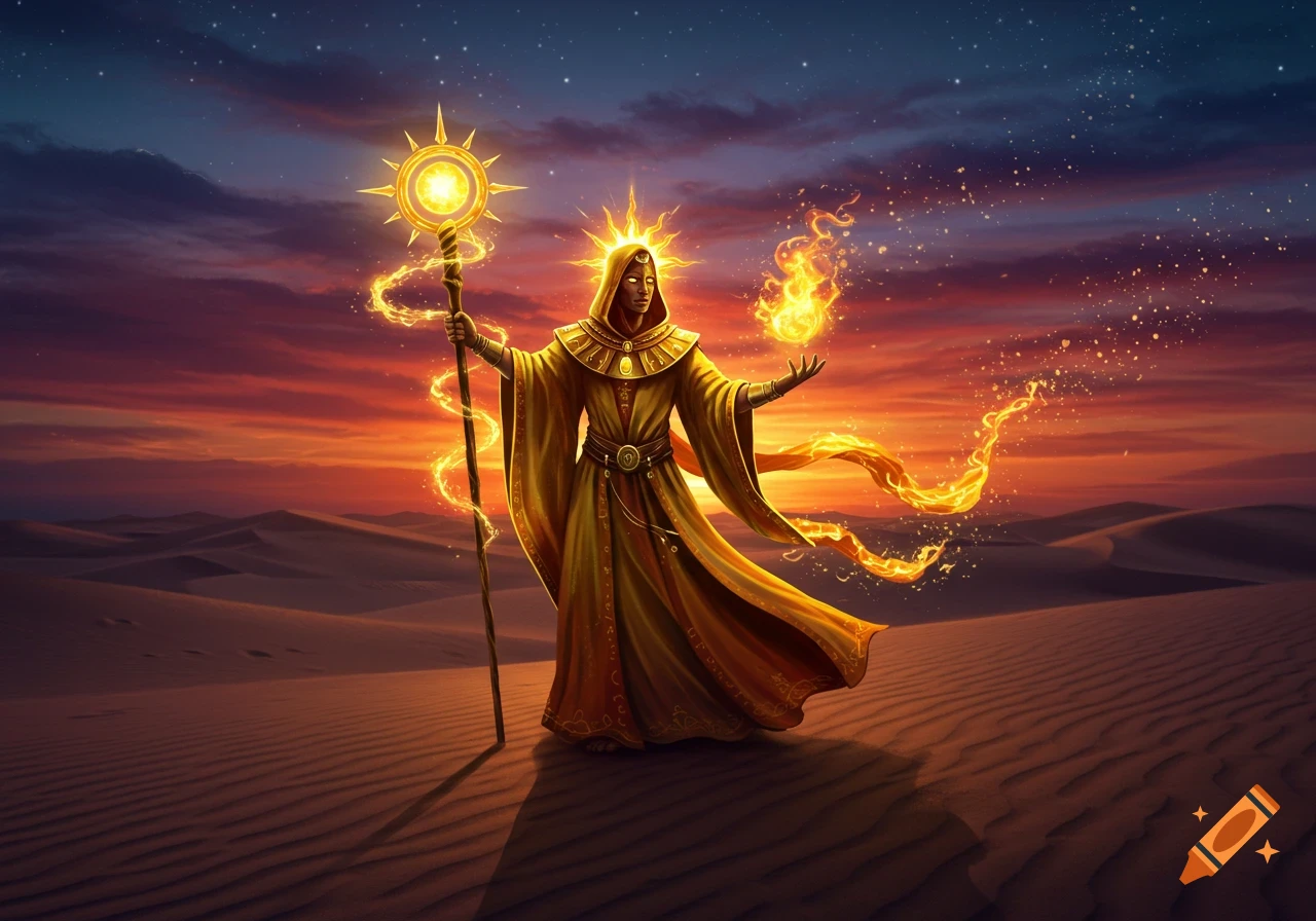A sun magician in golden robes holds a glowing staff and casts a fiery spell in a desert landscape at sunset.