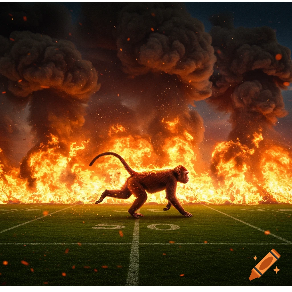 Photorealistic image of a monkey running across a football field engulfed in large flames and smoke.