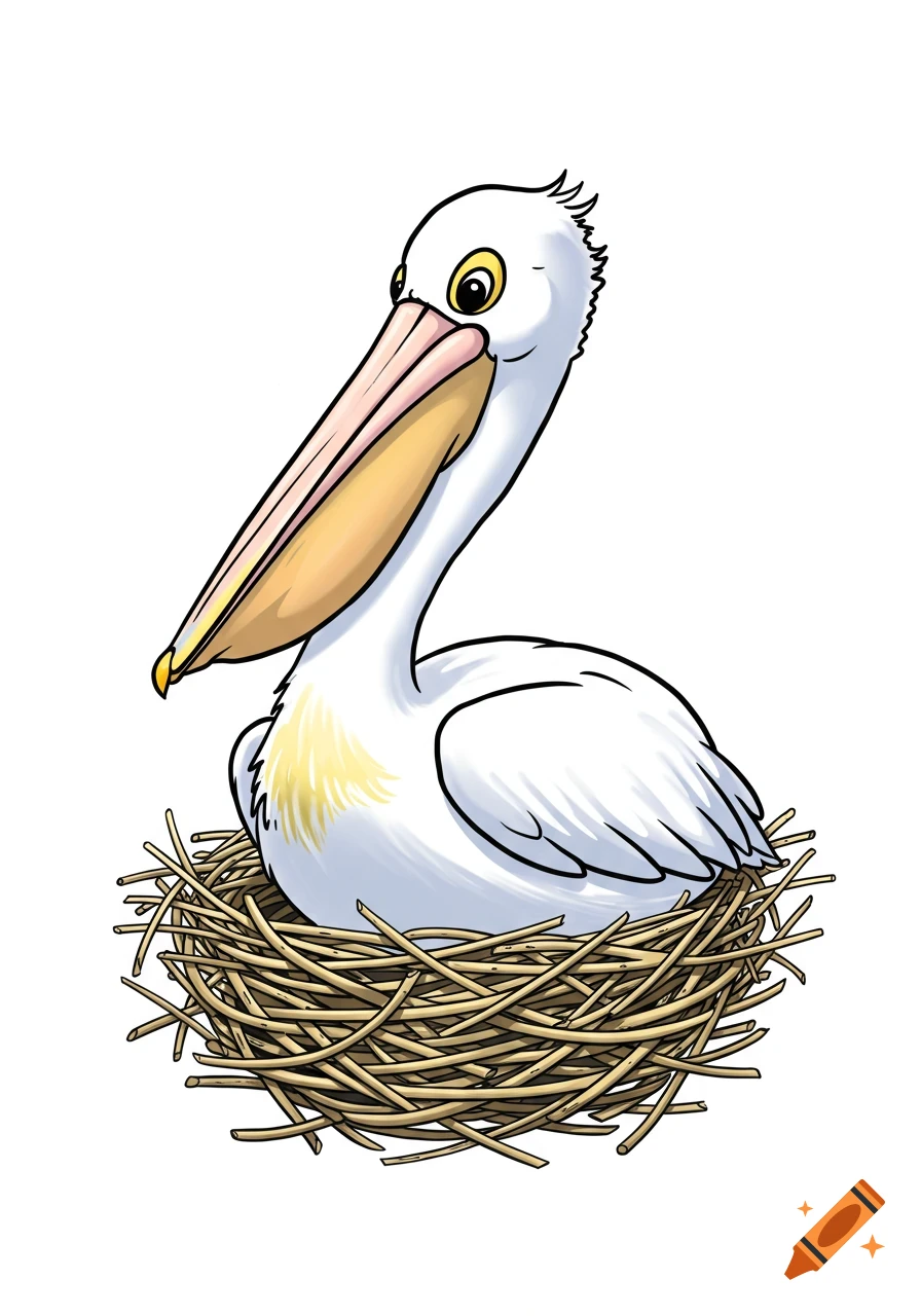 A simple cartoon pelican with a yellow beak sits in a brown nest.