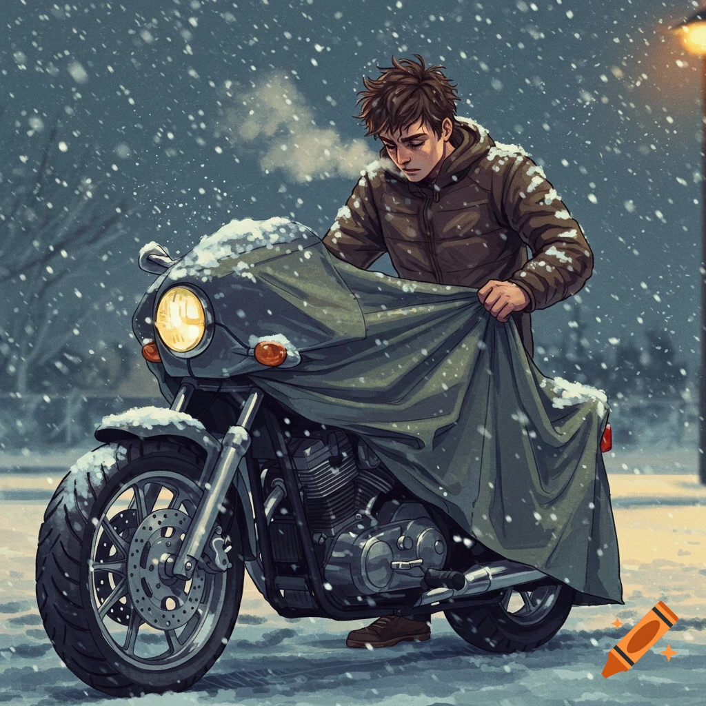 An anime-style illustration of a man covering his motorcycle with a tarp in a snowy winter street at night.