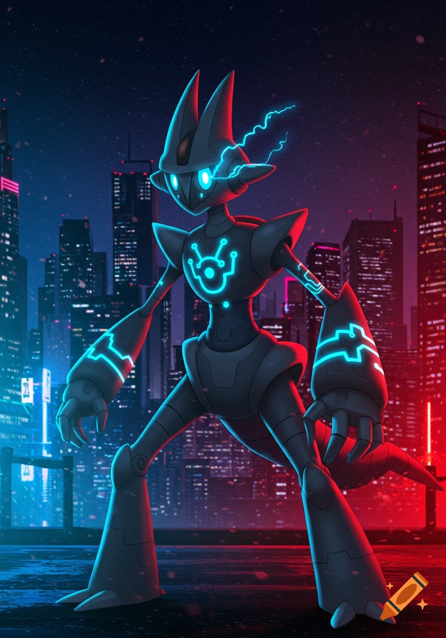 A dark, robotic creature with glowing blue circuits stands in a futuristic city at night, lit by red and blue neon lights.