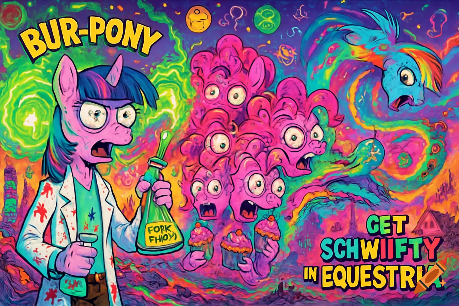 A psychedelic, Rick and Morty-style cartoon. Twilight Sparkle as Rick holds a flask, surrounded by distorted Pinkie Pies and Rainbow Dash, with chaotic neon colors and text bubbles.