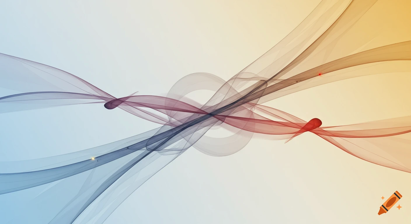 Abstract translucent wavy lines in blue, red, and yellow against a light gradient background.