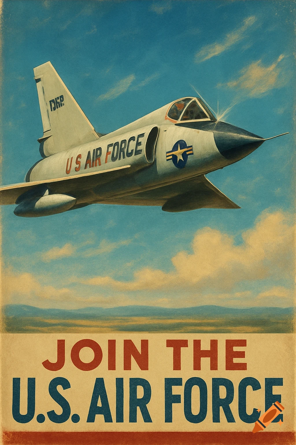 Vintage U.S. Air Force recruitment poster with an F-106 Delta Dart jet flying over a landscape, against a blue sky.