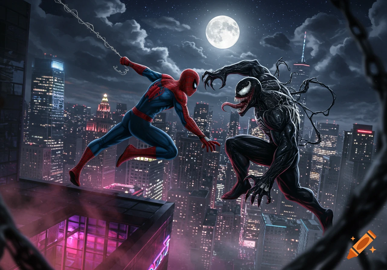 Spider-Man and Venom confront each other over a nighttime city skyline under a full moon, in a comic book style.