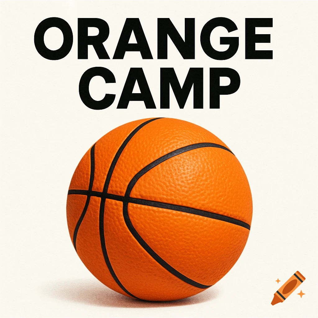 A photorealistic orange basketball on a white background with "ORANGE CAMP" in black text above it.