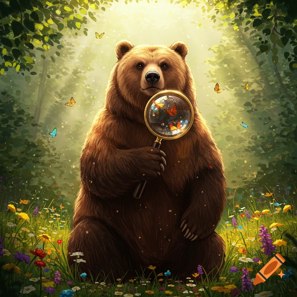 A cute brown bear holding a magnifying glass, looking at colorful butterflies in a lush, sunlit forest clearing filled with flowers.
