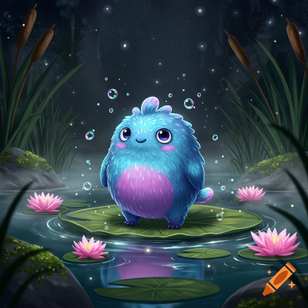 A cute blue and purple fluffy creature stands on a lily pad in a pond at night, surrounded by pink lotus flowers and fireflies.