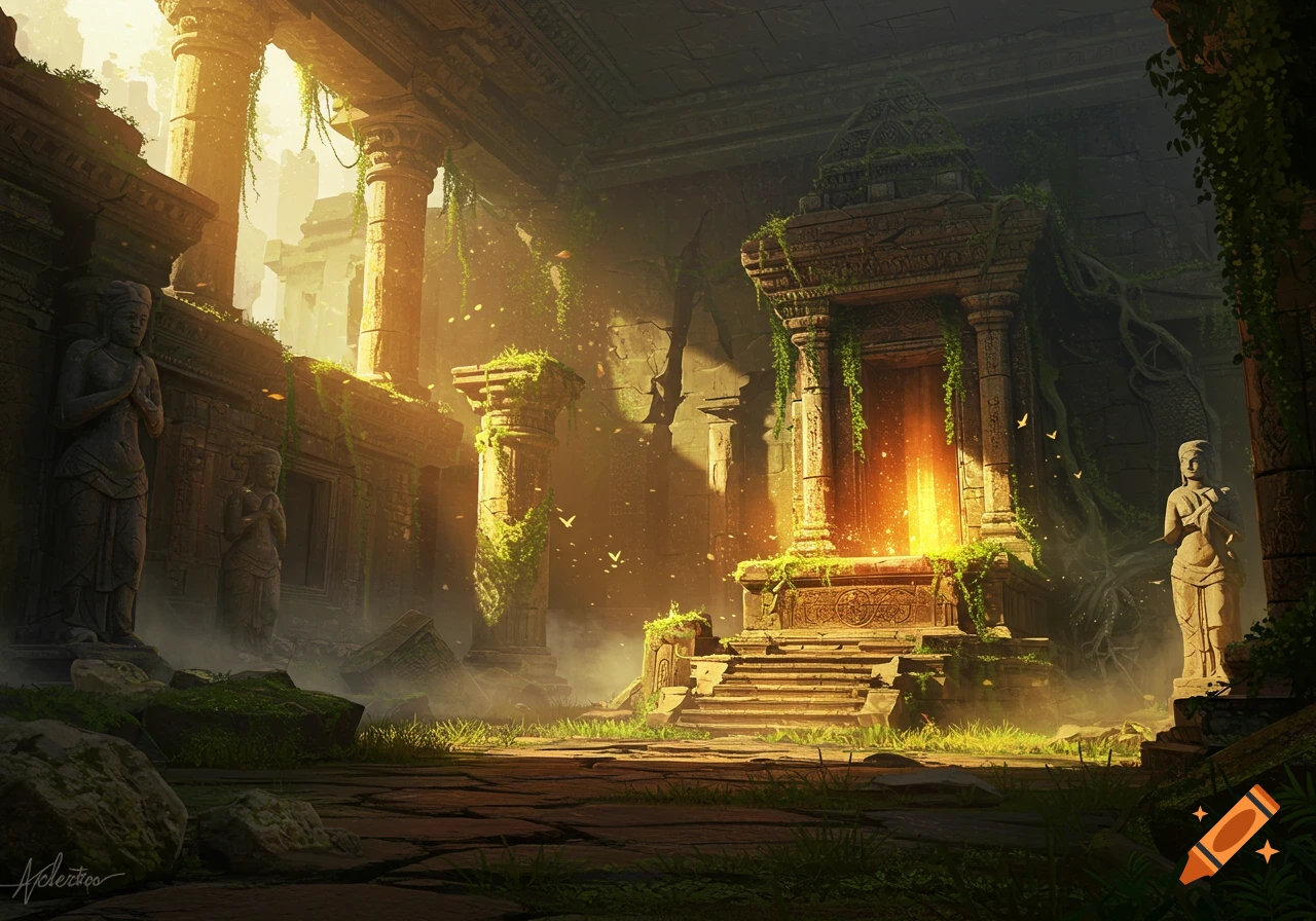 Ancient temple ruins with overgrown vines, sunlight streaming through columns, and a glowing altar at the center.