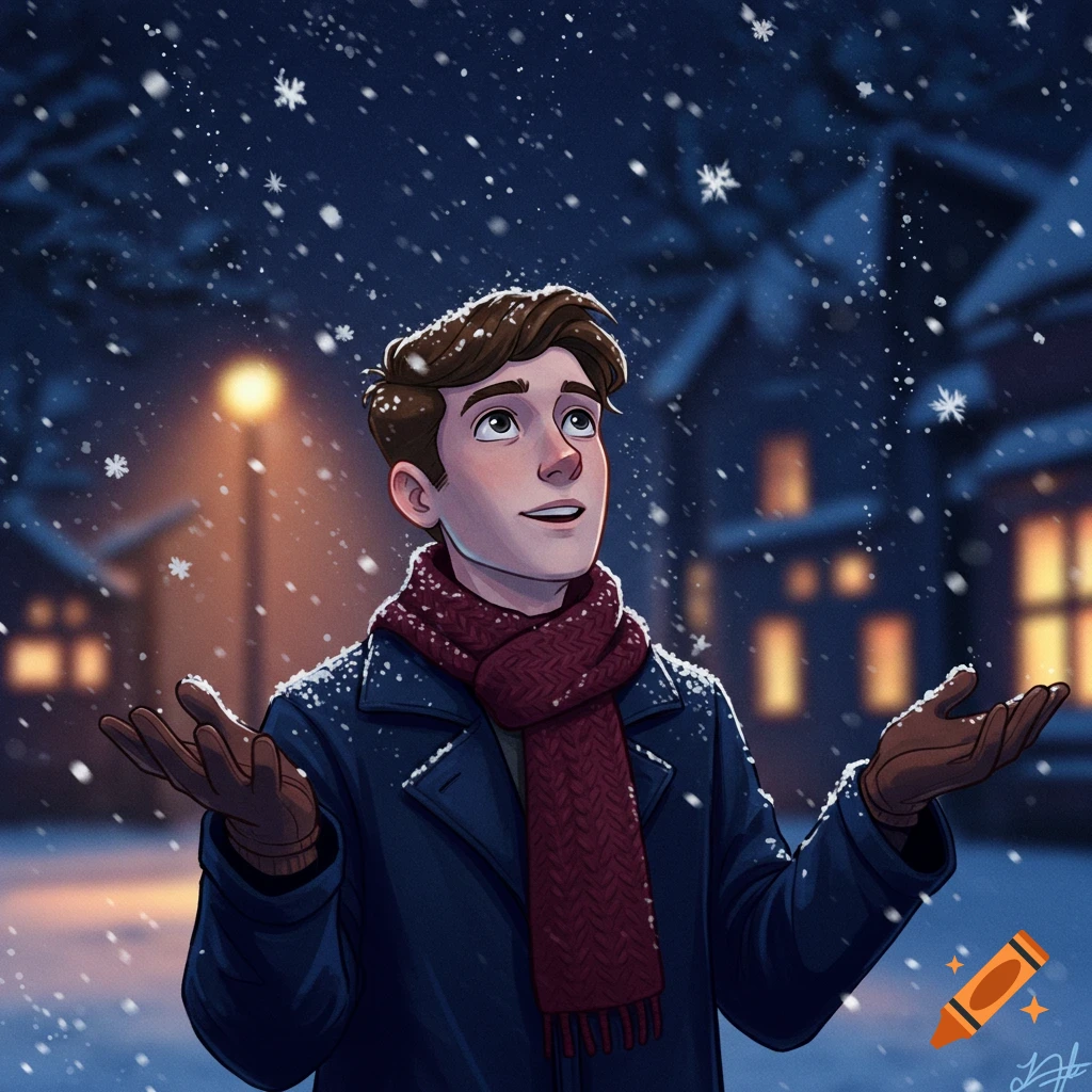 An illustration of a young man in a blue coat and red scarf, looking up at falling snow on a winter night.