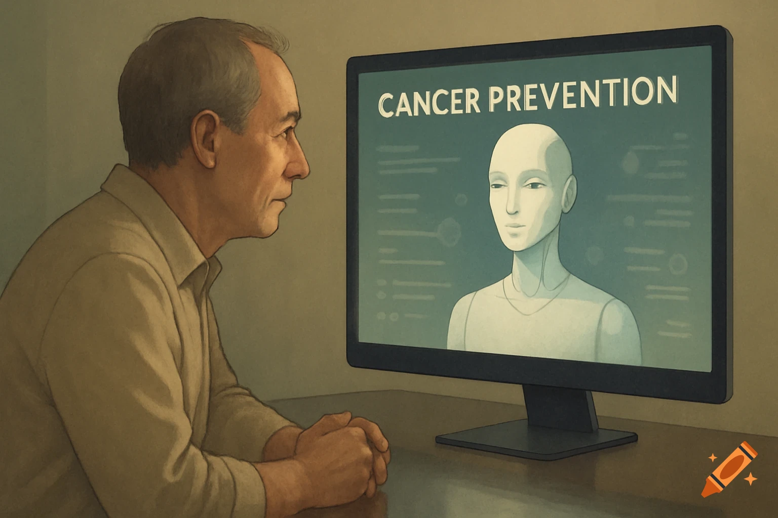 An older man looks at a computer screen displaying 'CANCER PREVENTION' and a stylized humanoid AI figure.
