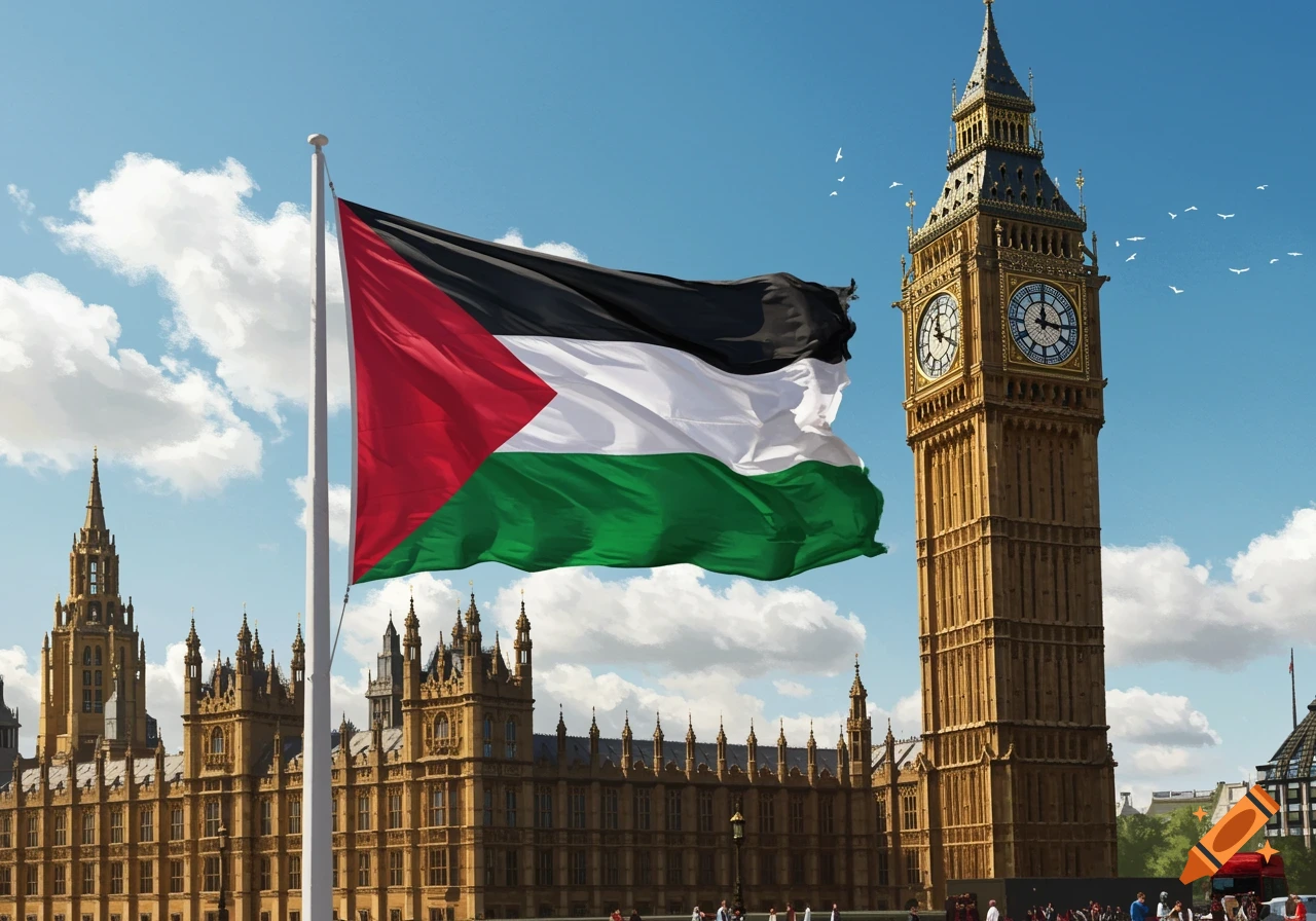 A Palestinian flag waves on a flagpole in front of the Houses of Parliament and Big Ben in London under a clear blue sky.