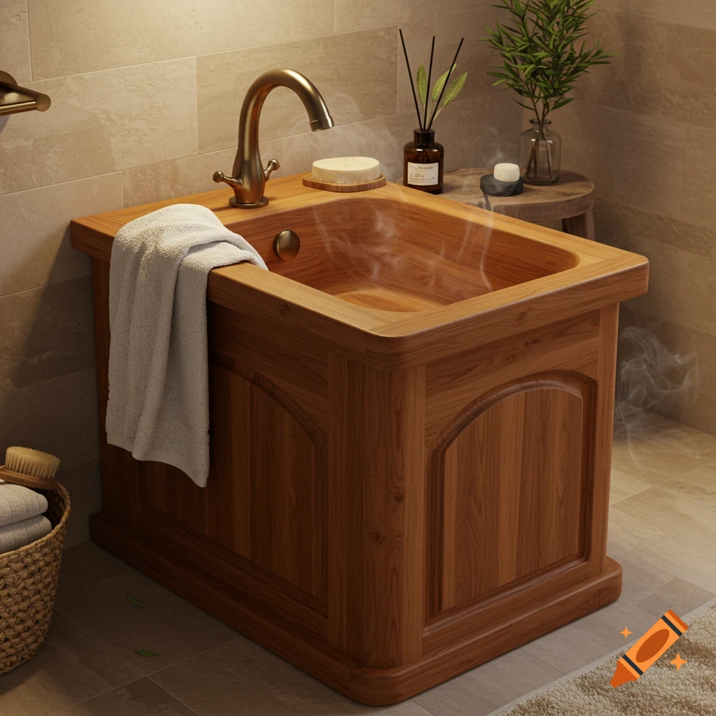 A close-up shot of a wooden washbasin with a brass faucet, a folded towel on its edge, and steam rising from the water. In the background are various bathroom accessories.