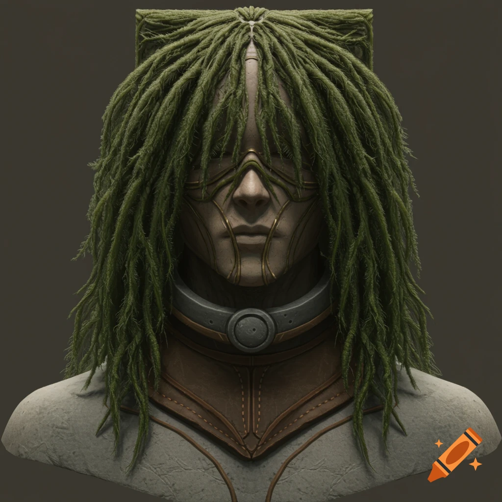 A detailed bust of a futuristic figure with green dreadlocks, a gold metallic mask over the eyes, and a gray and brown armored collar.