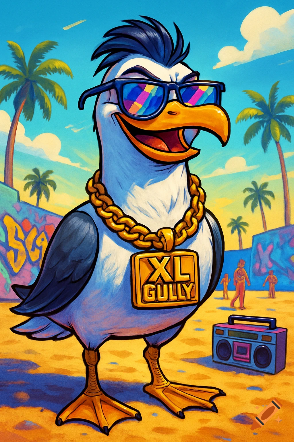 Cartoon seagull with sunglasses and gold chain with 'XL Gully' pendant stands on a beach with palm trees and graffiti.